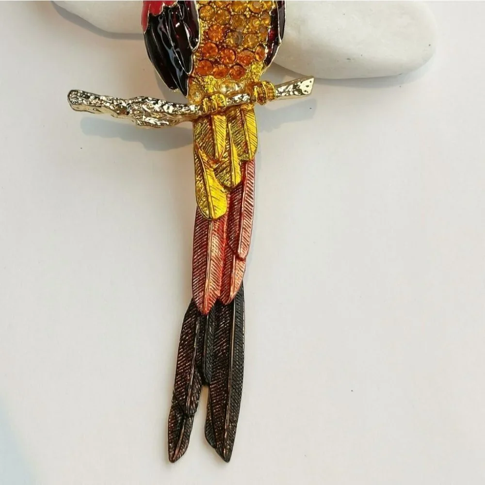 Parrot Bird Statement brooch pin Colourful Enamel Crystal